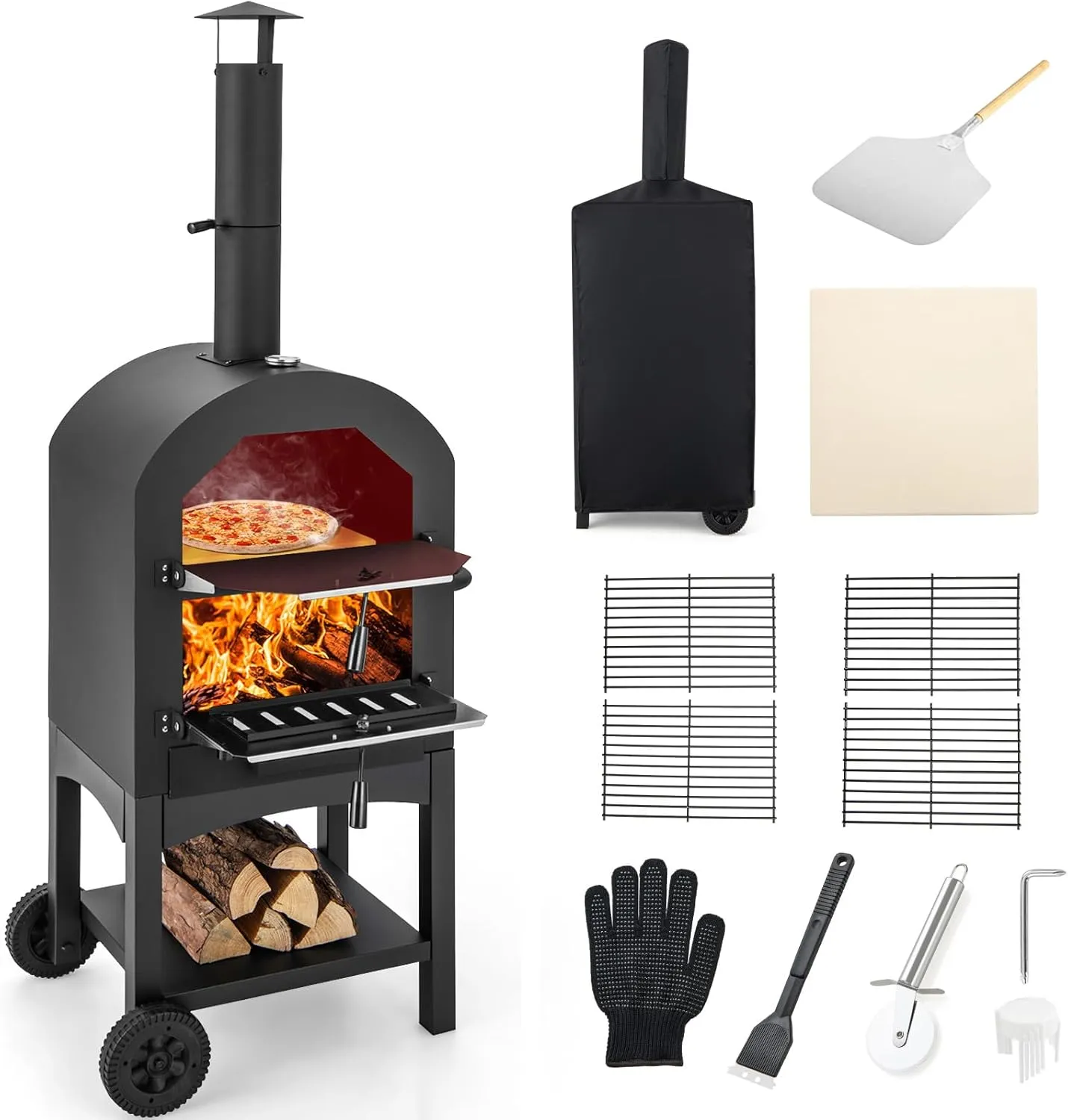 Giantex Wood Fired Pizza Oven with Pizza Stone, Peel, Waterproof Cover, Cooking Grids, Wheels for Outside Camping, Outdoor Backyard Party (64 Inch)