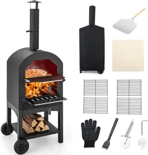 Giantex Wood Fired Pizza Oven with Pizza Stone, Peel, Waterproof Cover, Cooking Grids, Wheels for Outside Camping, Outdoor Backyard Party (64 Inch)