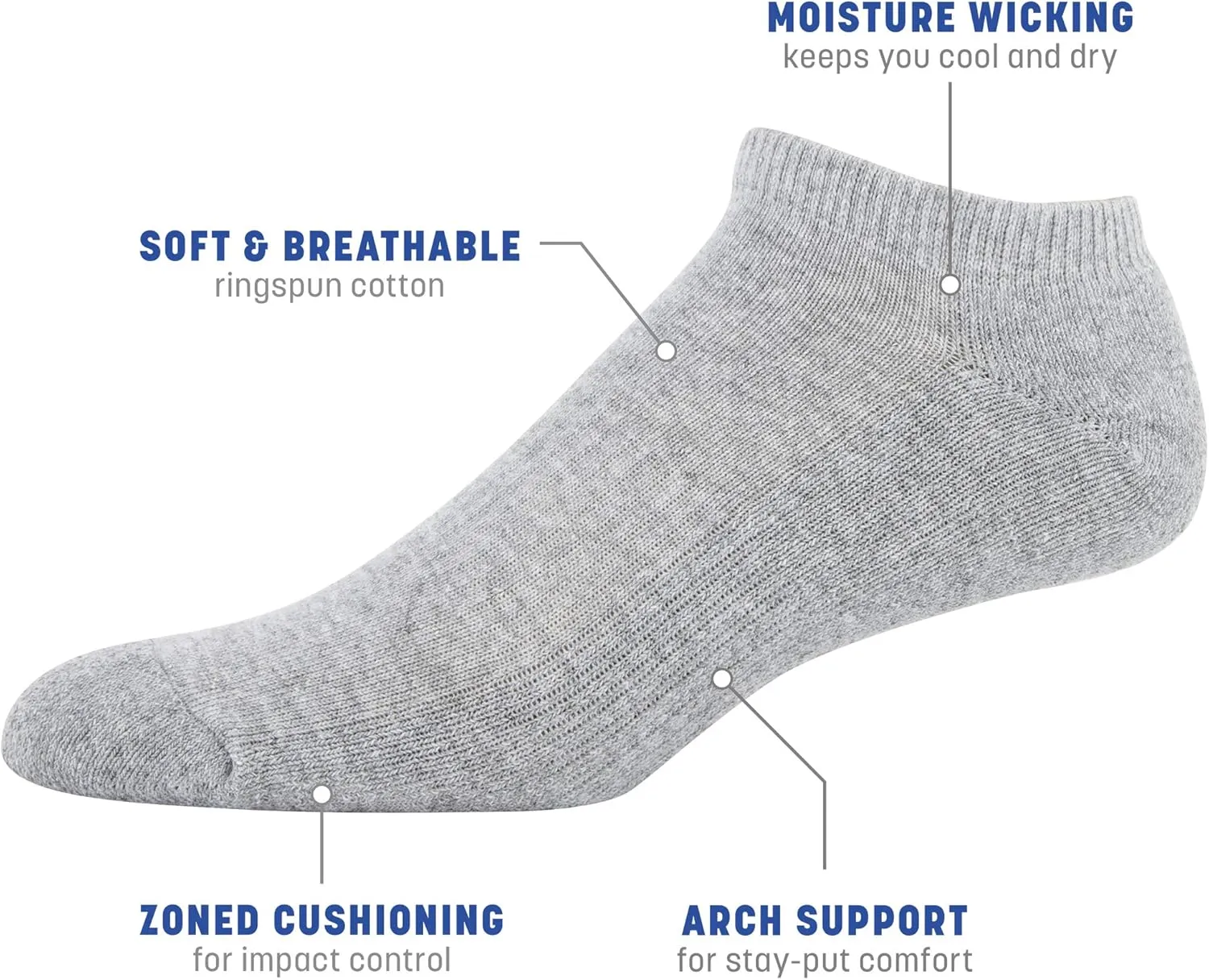 Gildan Men's Active Cotton No Show Socks, 10-Pairs