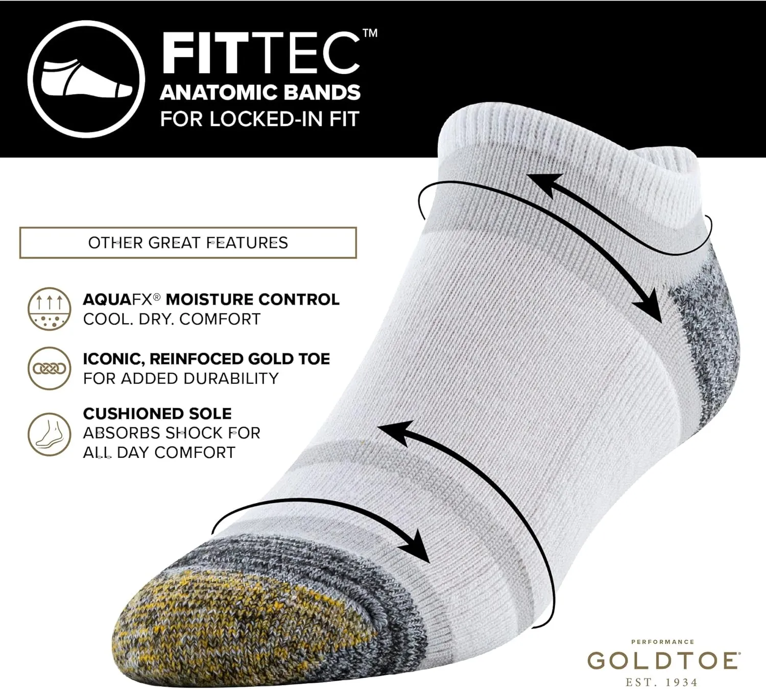 GOLDTOE Men's FIT TEC Cushion No Show Socks, 6-Pairs