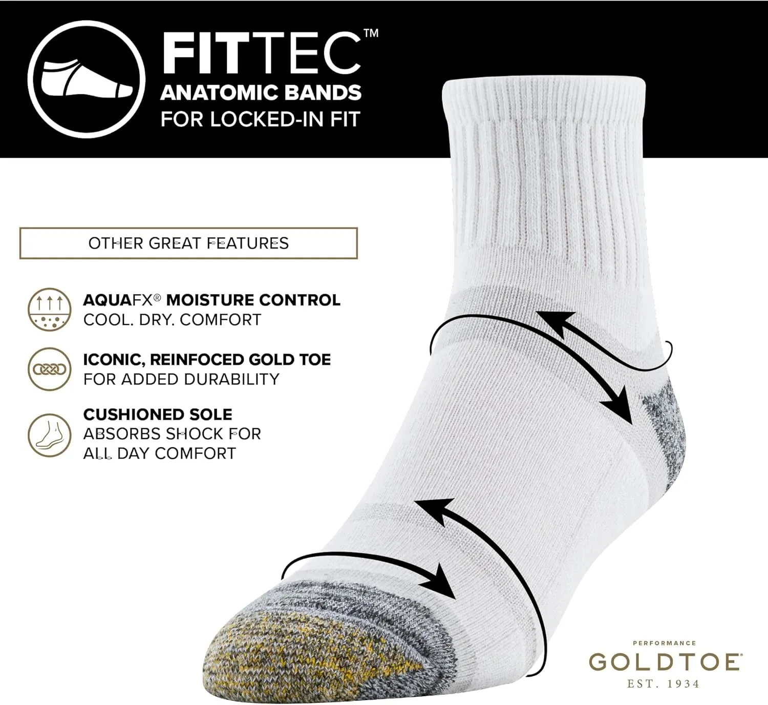 GOLDTOE Men's FIT TEC Cushion Quarter Socks, 6-Pairs