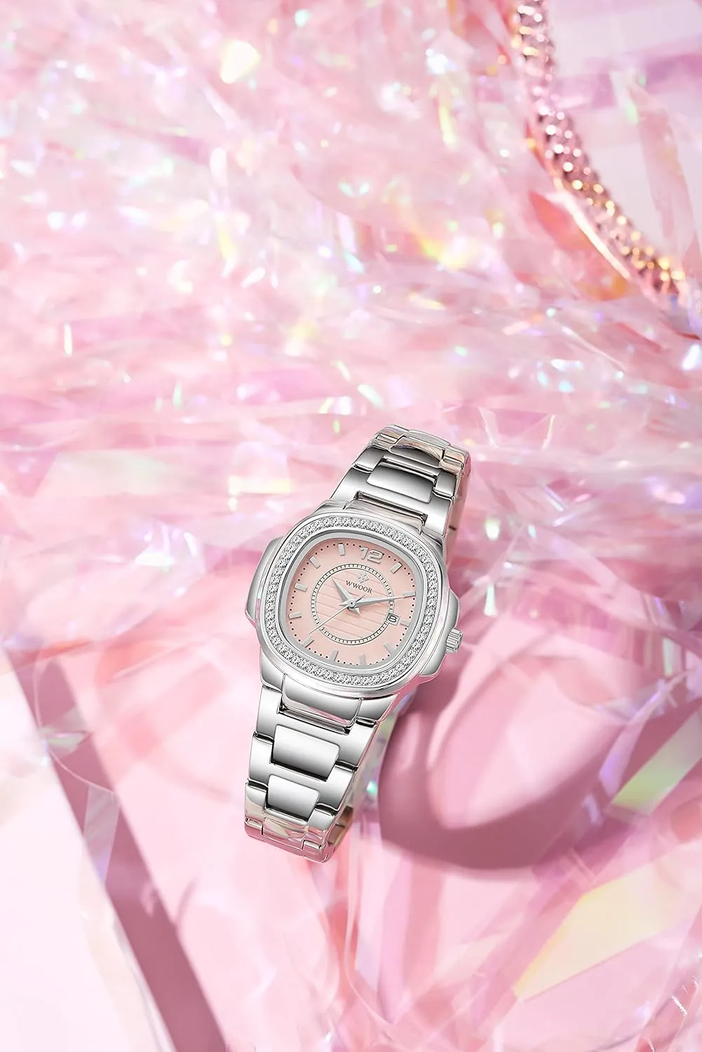 Gosasa Luxury Women Crystal Diamond Watch Stainless Steel Calendar Waterproof Analog Watch Ladies Quartz Dress Bracelet Wrist Watch