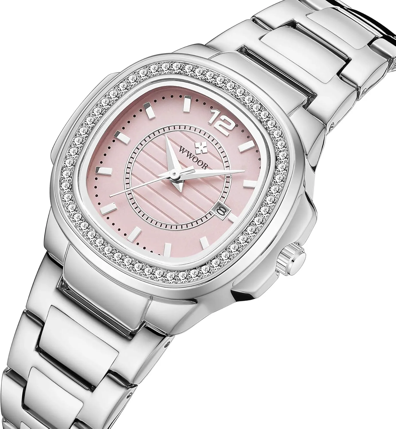 Gosasa Luxury Women Crystal Diamond Watch Stainless Steel Calendar Waterproof Analog Watch Ladies Quartz Dress Bracelet Wrist Watch