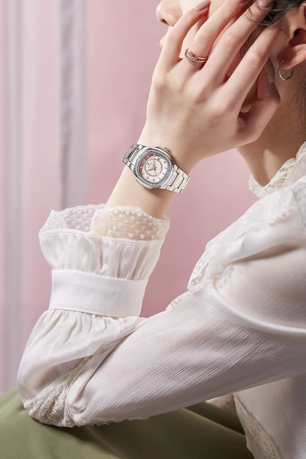 Gosasa Luxury Women Crystal Diamond Watch Stainless Steel Calendar Waterproof Analog Watch Ladies Quartz Dress Bracelet Wrist Watch