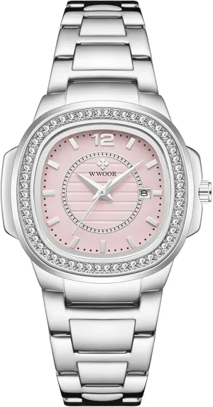 Gosasa Luxury Women Crystal Diamond Watch Stainless Steel Calendar Waterproof Analog Watch Ladies Quartz Dress Bracelet Wrist Watch