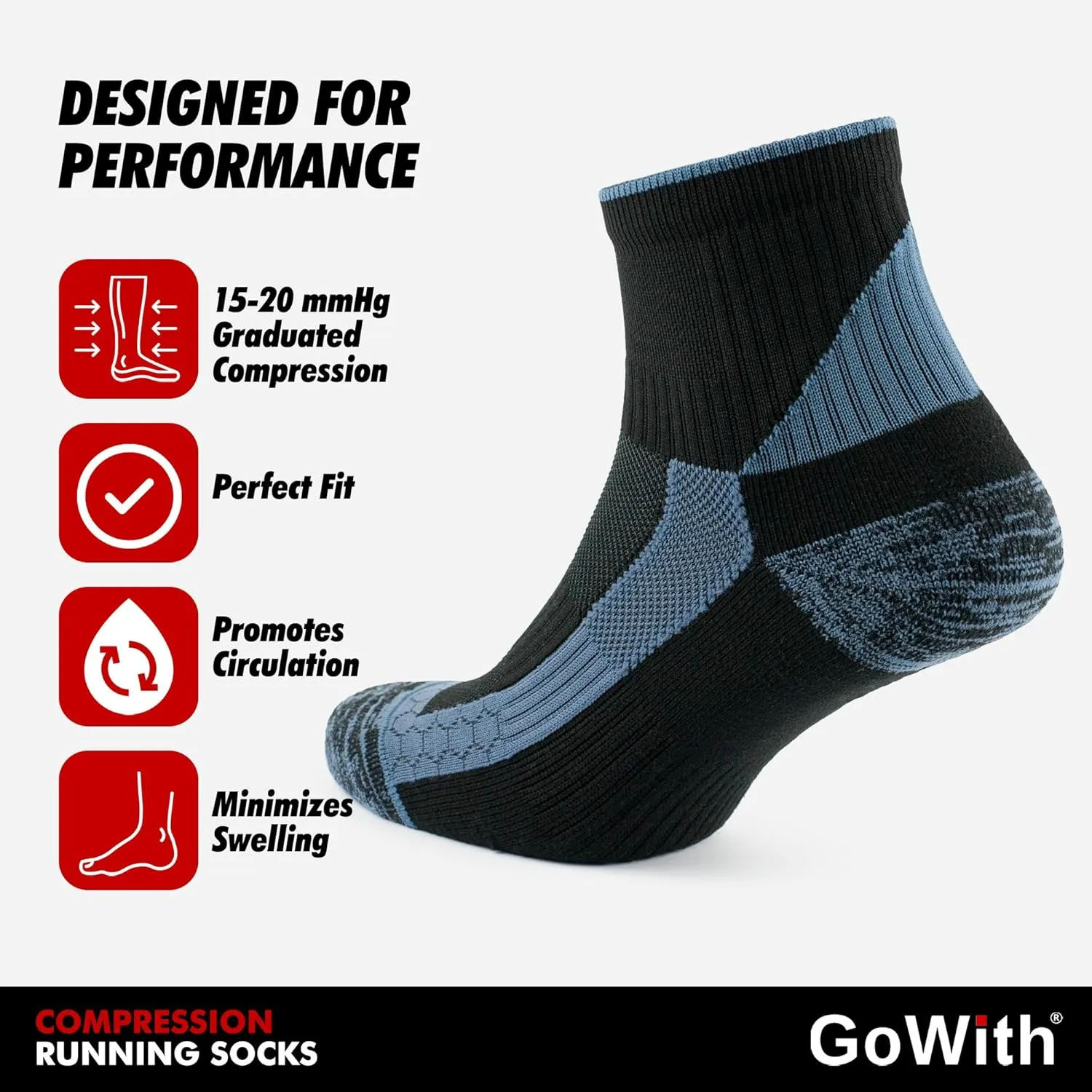 GoWith 2 Pairs Unisex Athletic Fit Running Socks, Anti-Blister Cushioned Performance Socks, Seamless Padded Workout Socks