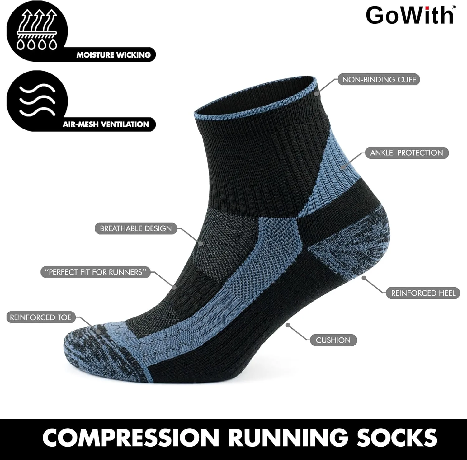 GoWith 2 Pairs Unisex Athletic Fit Running Socks, Anti-Blister Cushioned Performance Socks, Seamless Padded Workout Socks