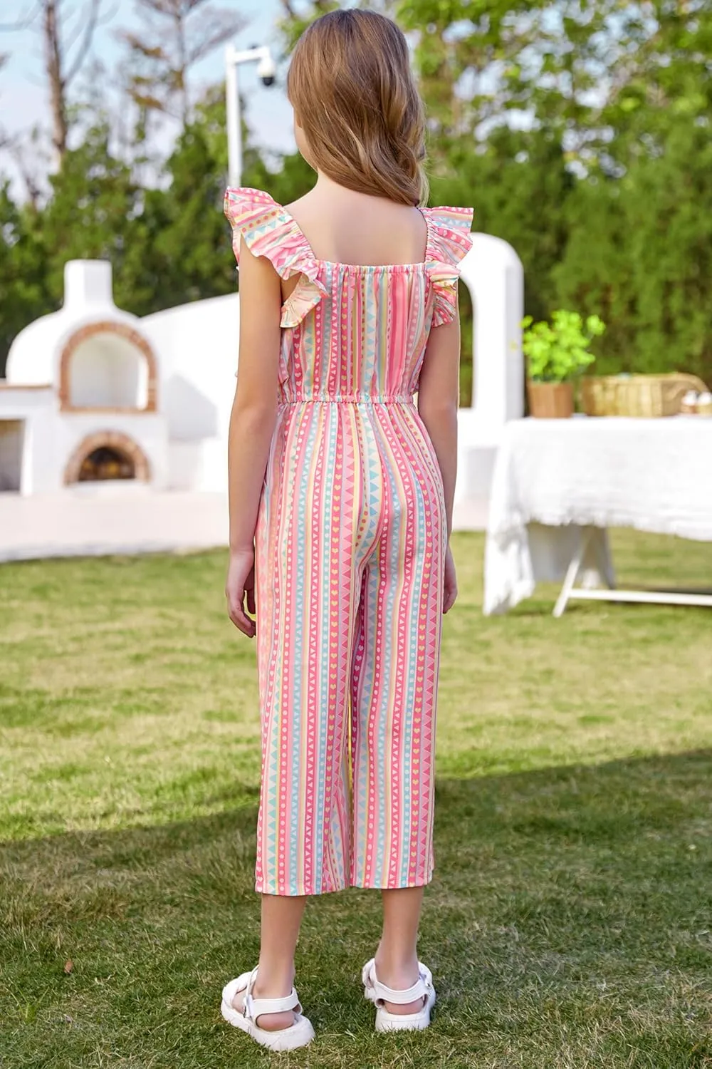 GRACE KARIN Girls Floral Jumpsuit Flutter Sleeve Square Neck Wide Leg Rompers