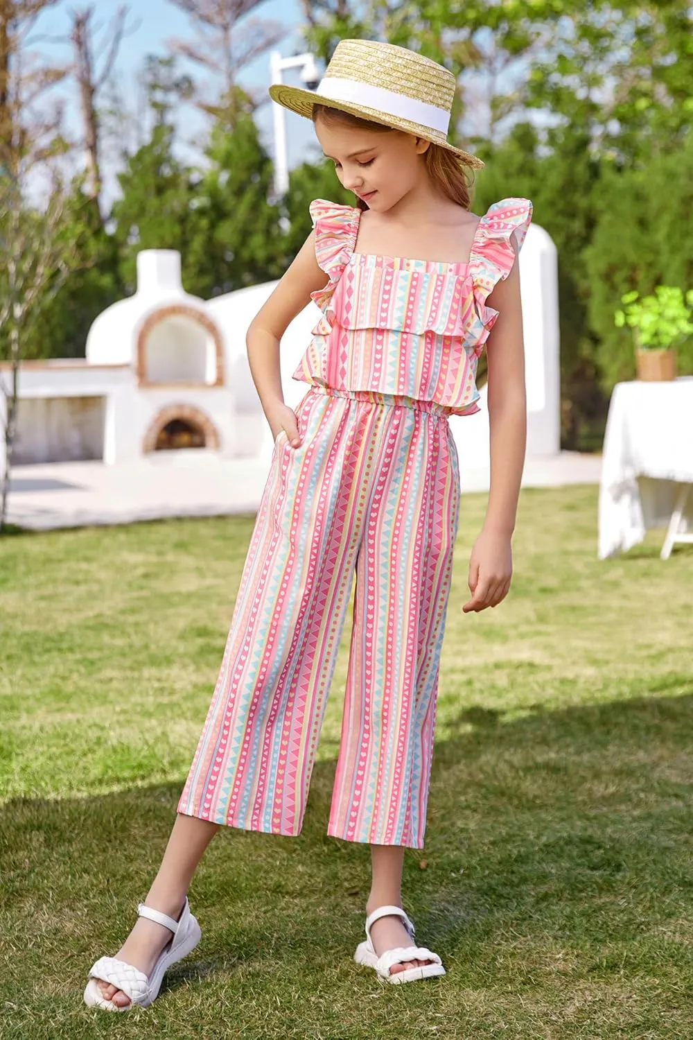 GRACE KARIN Girls Floral Jumpsuit Flutter Sleeve Square Neck Wide Leg Rompers