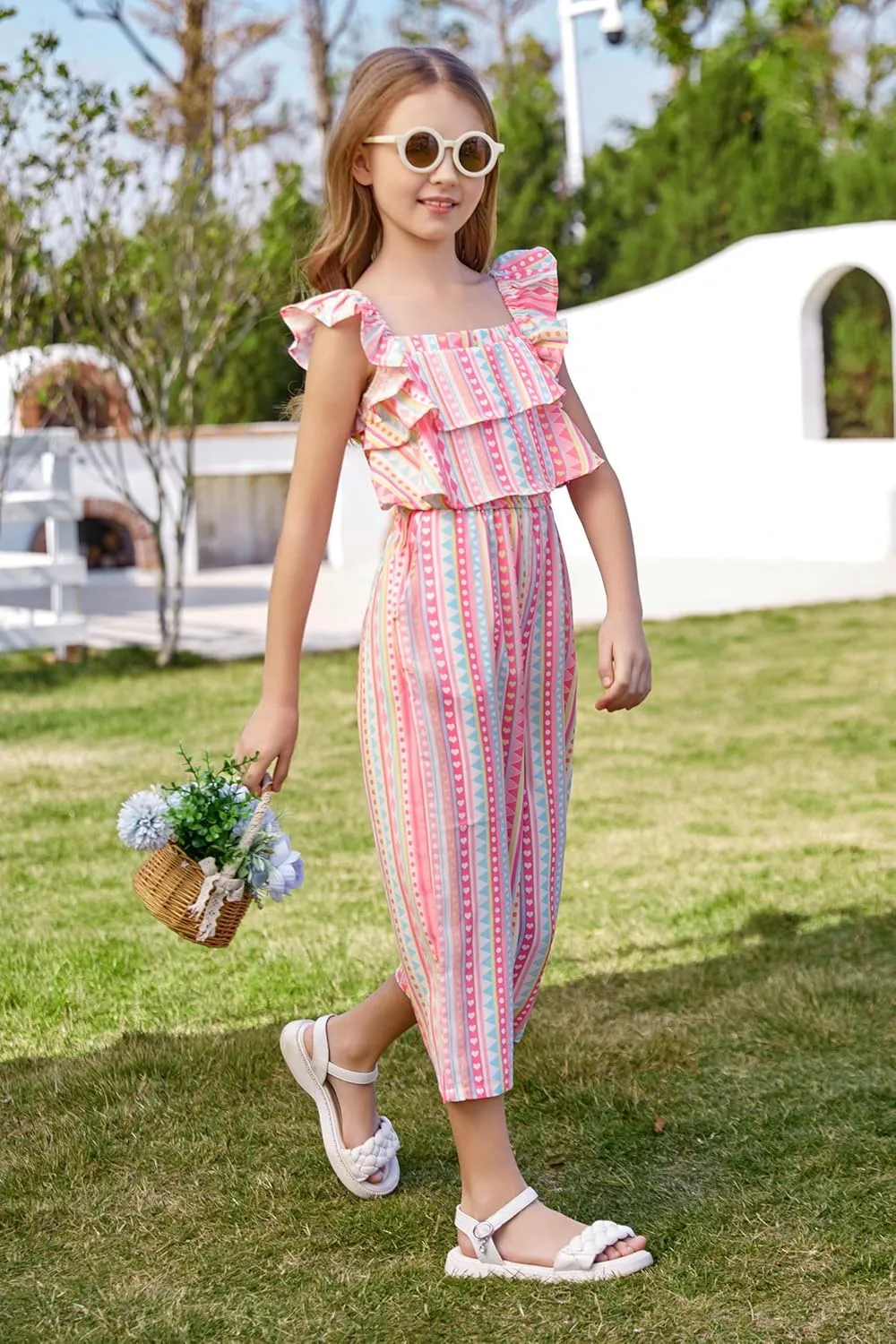 GRACE KARIN Girls Floral Jumpsuit Flutter Sleeve Square Neck Wide Leg Rompers