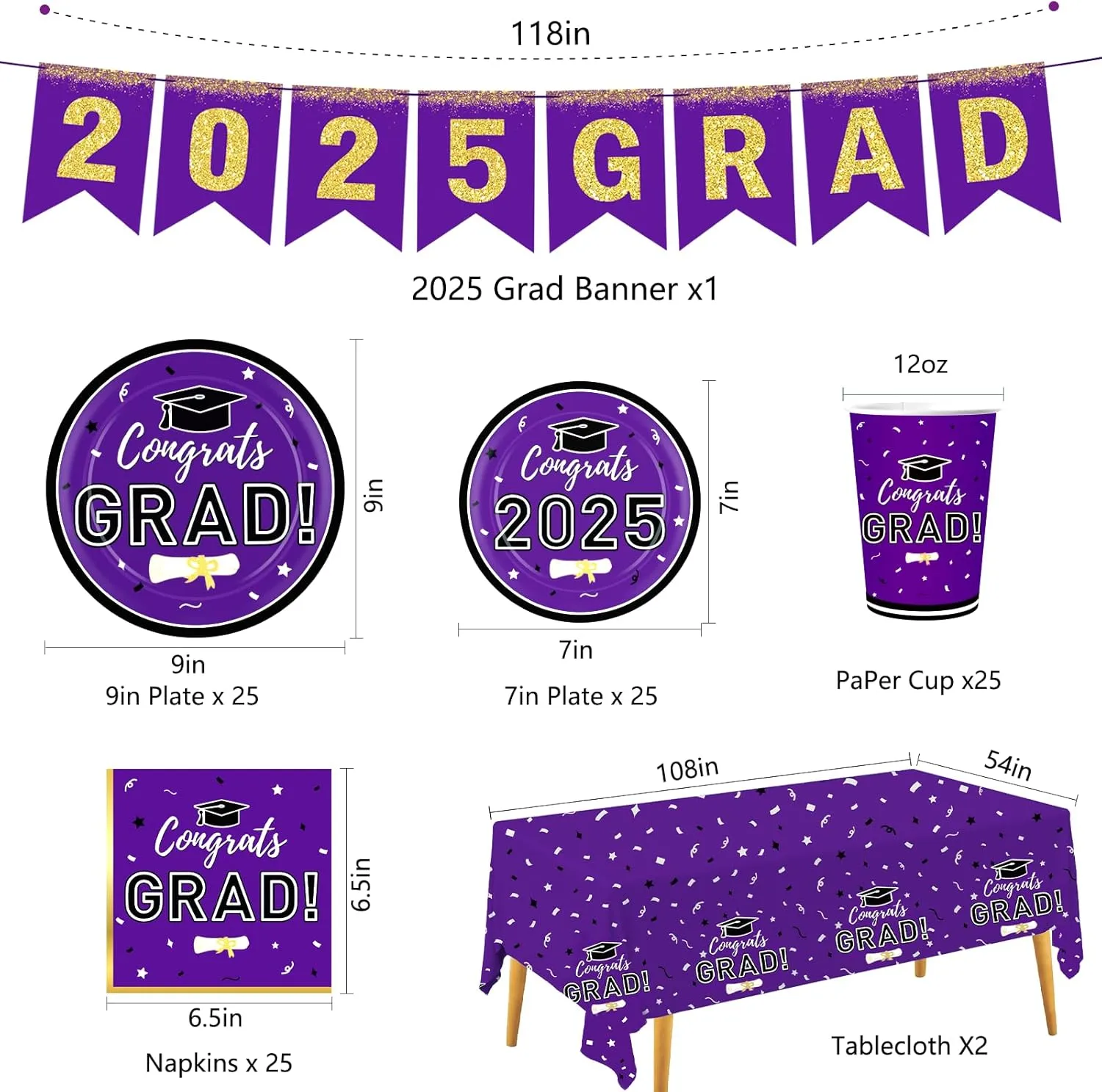 Graduation Decorations 2025 Disposable Purple Graduation Tableware Kit for 25 Guests Plates Napkins Cups Tablecloth Hanging Graduation Party Decorations 2025