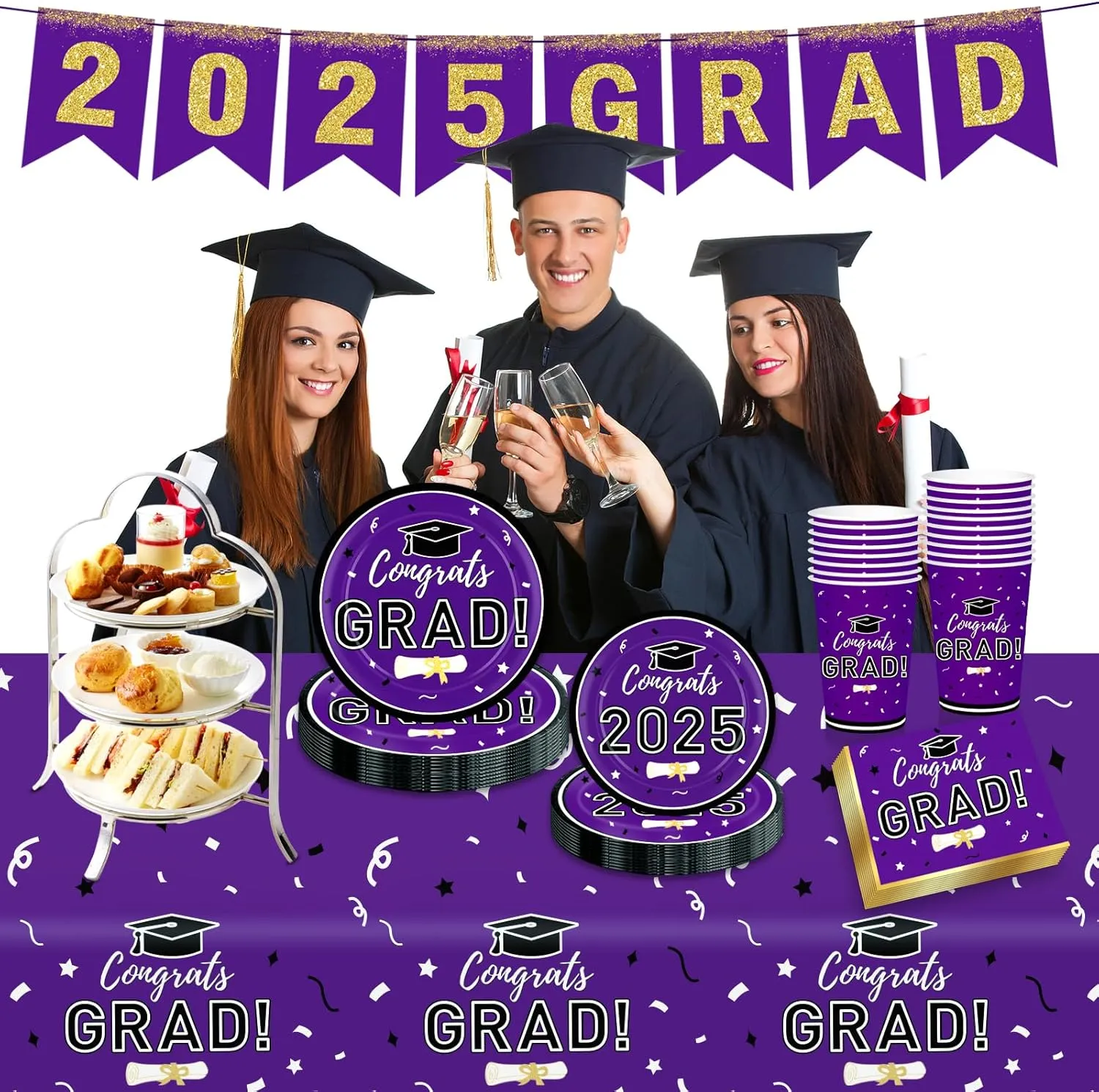 Graduation Decorations 2025 Disposable Purple Graduation Tableware Kit for 25 Guests Plates Napkins Cups Tablecloth Hanging Graduation Party Decorations 2025