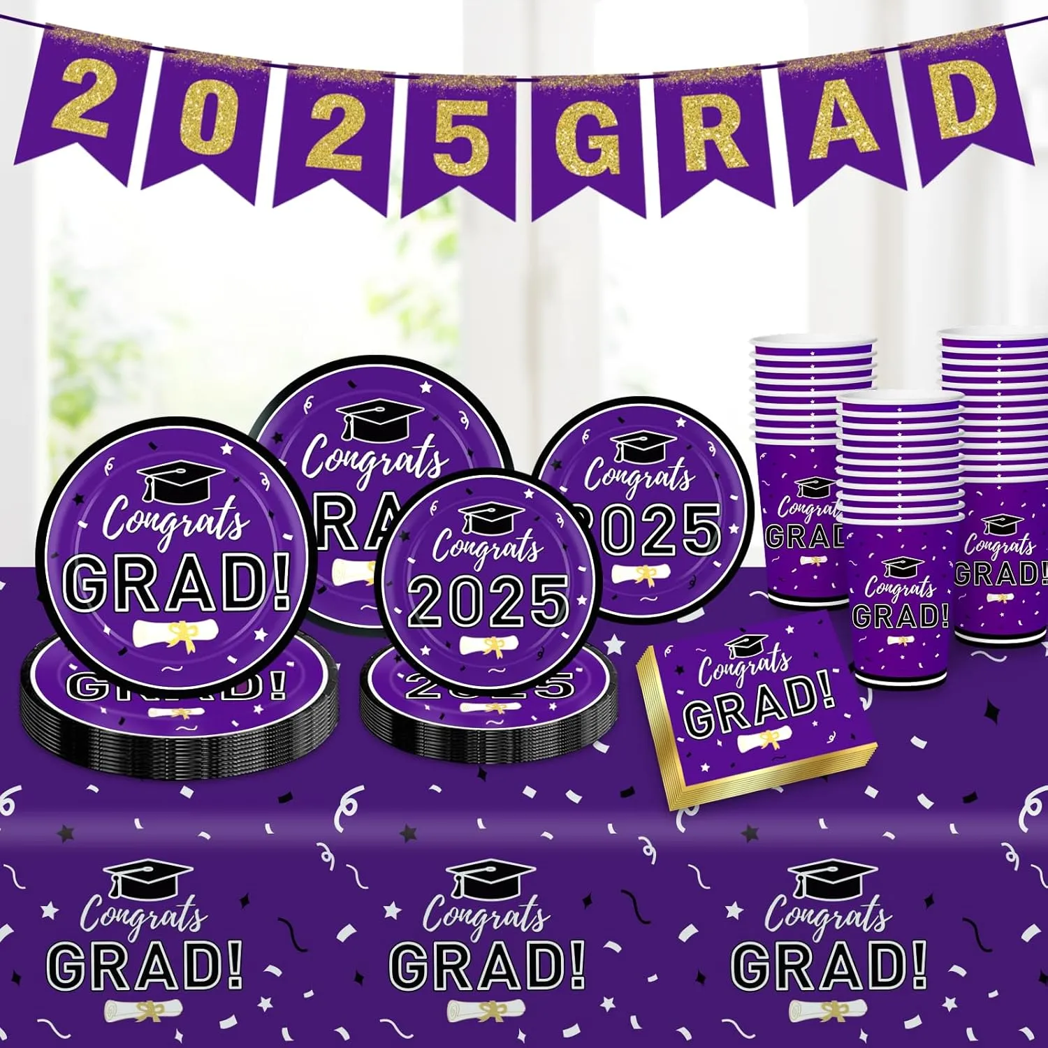 Graduation Decorations 2025 Disposable Purple Graduation Tableware Kit for 25 Guests Plates Napkins Cups Tablecloth Hanging Graduation Party Decorations 2025