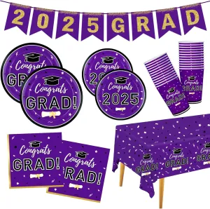 Graduation Decorations 2025 Disposable Purple Graduation Tableware Kit for 25 Guests Plates Napkins Cups Tablecloth Hanging Graduation Party Decorations 2025