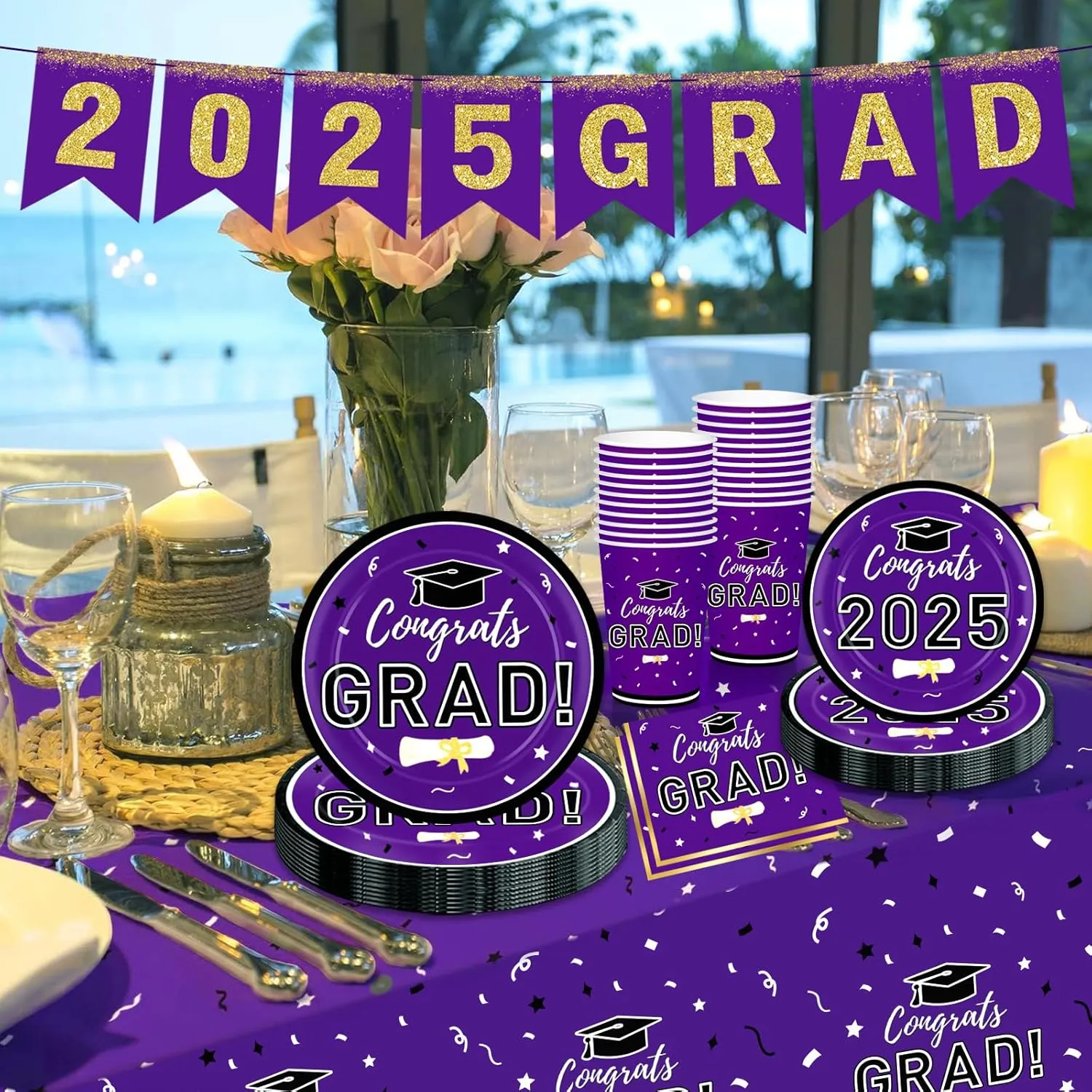 Graduation Decorations 2025 Disposable Purple Graduation Tableware Kit for 25 Guests Plates Napkins Cups Tablecloth Hanging Graduation Party Decorations 2025