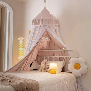 Gray Pink Bed Canopy with Star Lights, Double Layer Canopy for Bed,Princess Play Tent for Girls Room, Machine Washable Canopy,Breathable Canopy Bed Curtain,Canopy Bed Curtains for Girls-Gray Pink