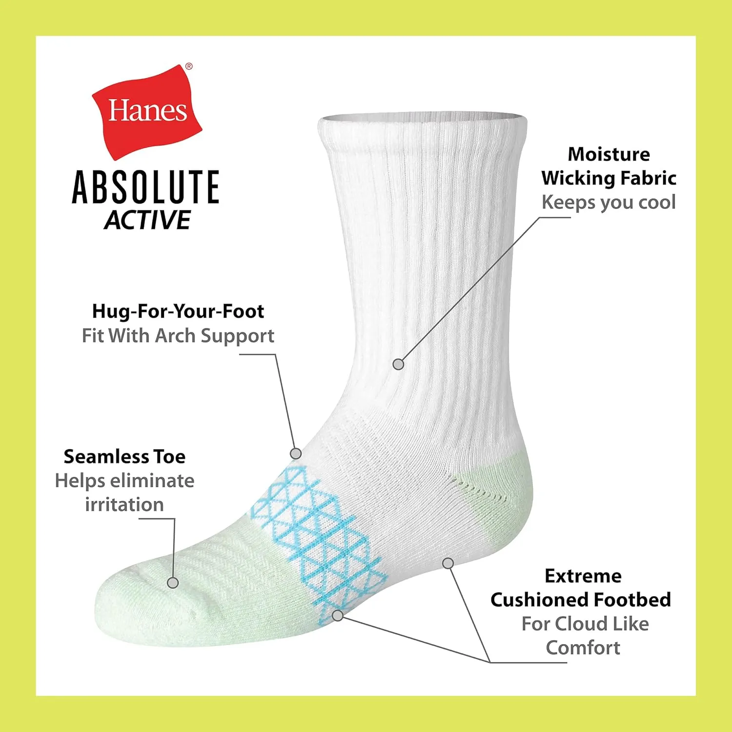 Hanes Cushioned, Absolute Active Crew Socks for Girls, Moisture-Wicking, 6-Pairs