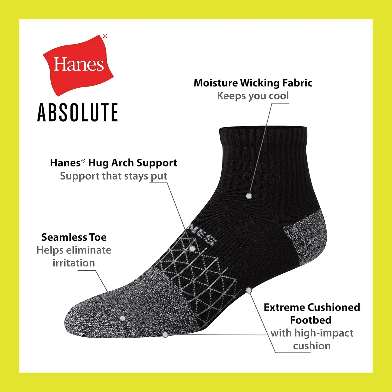 Hanes Men's Absolute Active Cushioned Ankle, Moisture Wicking Socks, Seamless Toe, 4-Pack