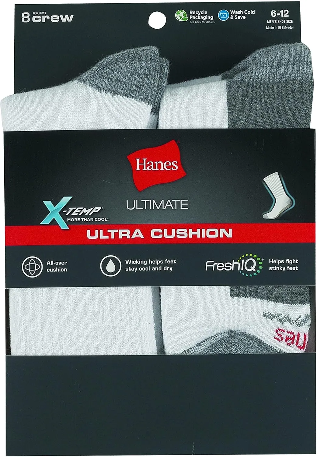 Hanes Men's Max Cushioned Crew Socks, Moisture-Wicking with Odor Control, Multipack