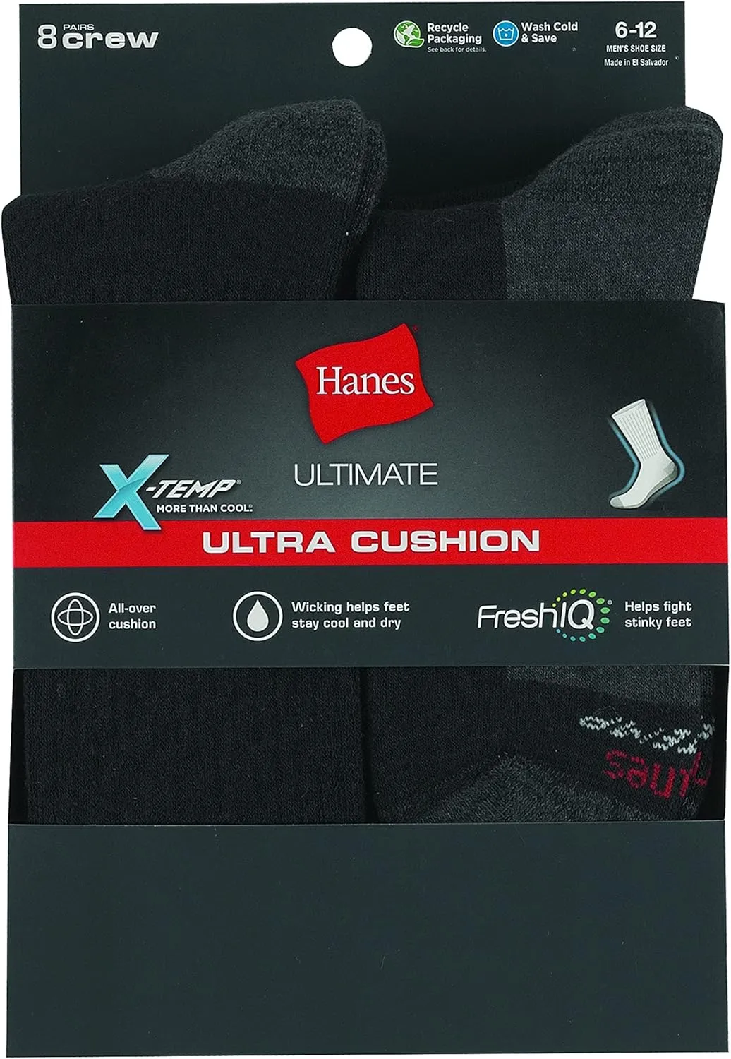Hanes Men's Max Cushioned Crew Socks, Moisture-Wicking with Odor Control, Multipack