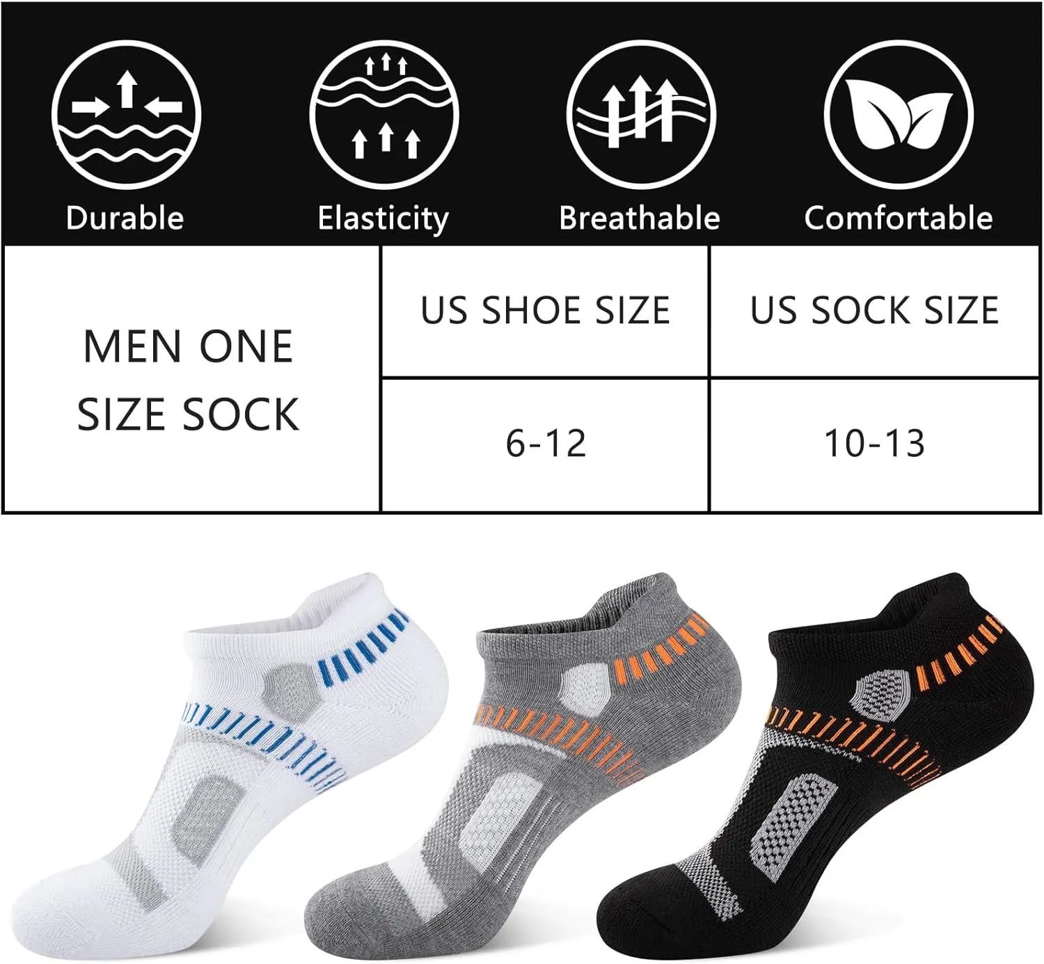 Heatuff Mens Athletic Ankle Socks Moisture Wicking Cushion Running Low Cut Sock 6 Pack