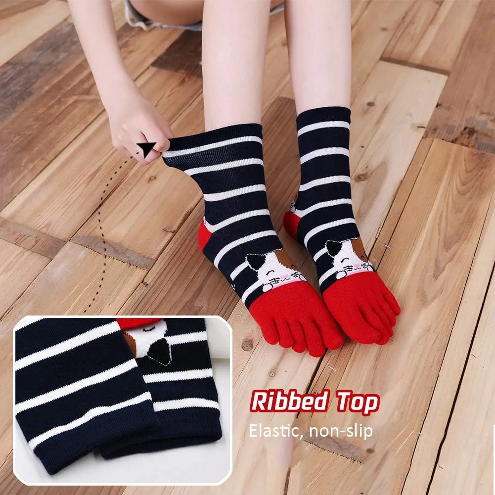 Hellomamma Women's Toe Sock Cute Cat Dog Ankle Sock Cotton Athletic Running Five Finger Socks for Girls
