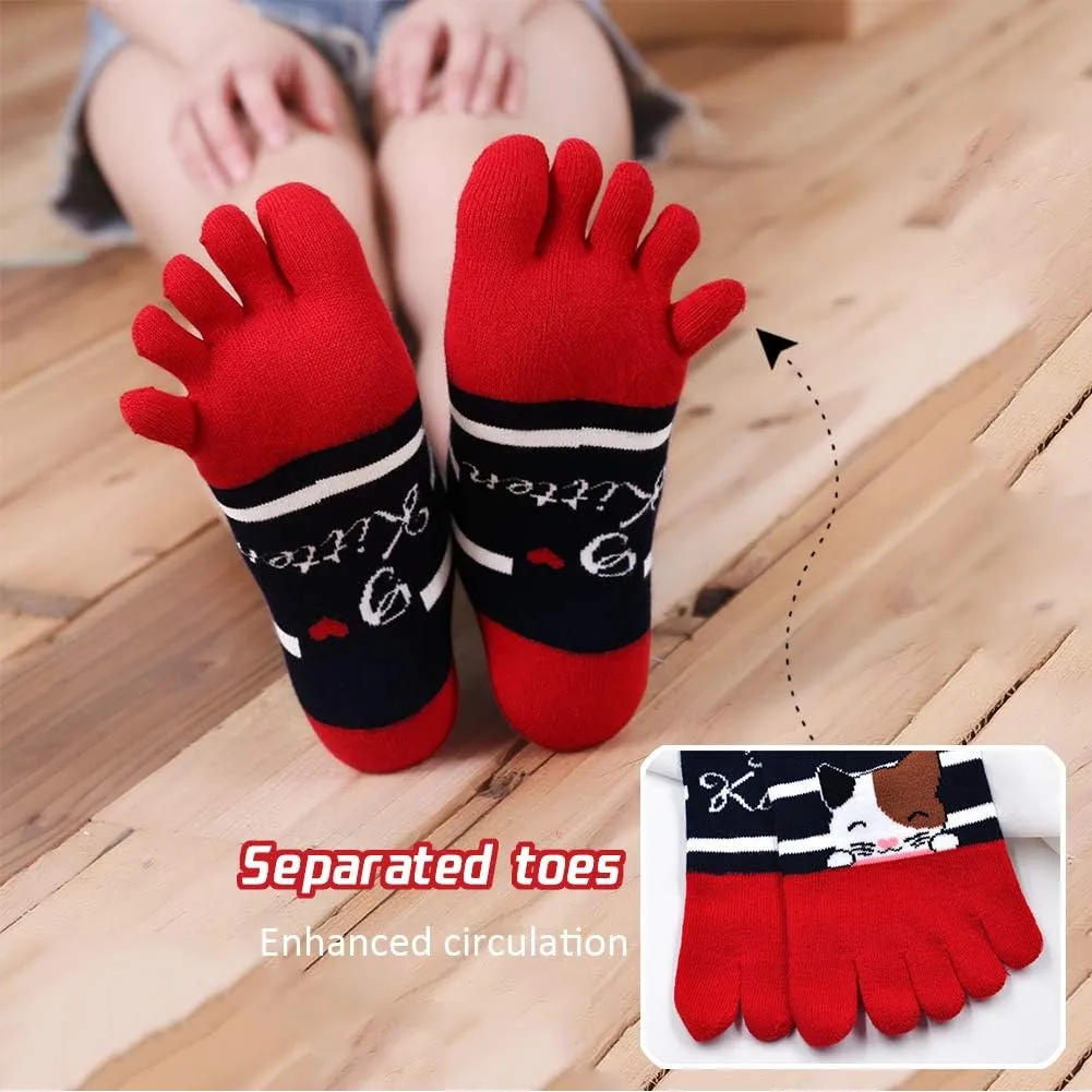 Hellomamma Women's Toe Sock Cute Cat Dog Ankle Sock Cotton Athletic Running Five Finger Socks for Girls