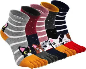 Hellomamma Women's Toe Sock Cute Cat Dog Ankle Sock Cotton Athletic Running Five Finger Socks for Girls