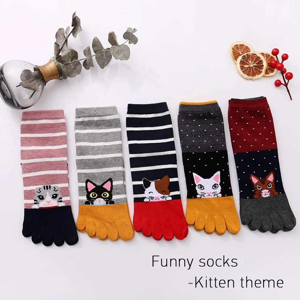 Hellomamma Women's Toe Sock Cute Cat Dog Ankle Sock Cotton Athletic Running Five Finger Socks for Girls