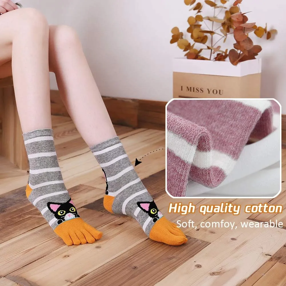 Hellomamma Women's Toe Sock Cute Cat Dog Ankle Sock Cotton Athletic Running Five Finger Socks for Girls