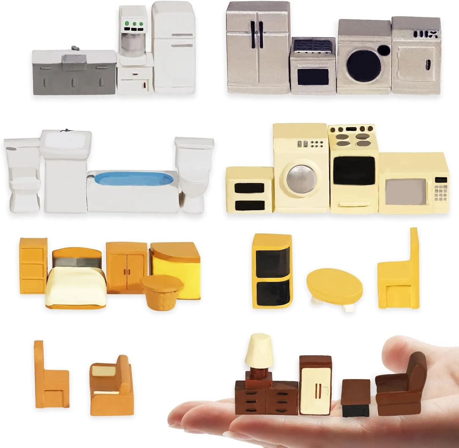 Hiawbon 31PCS Miniature Furniture Set, 1：48 Scale Resin Miniature Accessories and Furniture, Kitchen Bathroom and Living Room Set, Miniature Furniture Kit for Fairy Garden Home Decor