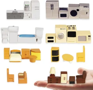 Hiawbon 31PCS Miniature Furniture Set, 1：48 Scale Resin Miniature Accessories and Furniture, Kitchen Bathroom and Living Room Set, Miniature Furniture Kit for Fairy Garden Home Decor