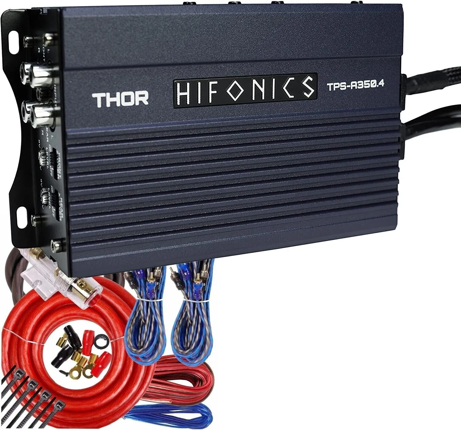 Hifonics Thor TPS-A350.4 Compact 350W 4-Channel Powersports Amplifier with Complete 4 Gauge Installation Kit, Water and Dust Resistant Design