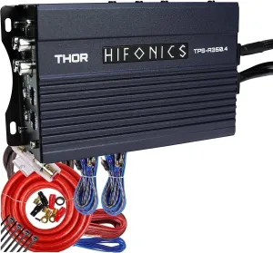 Hifonics Thor TPS-A350.4 Compact 350W 4-Channel Powersports Amplifier with Complete 4 Gauge Installation Kit, Water and Dust Resistant Design