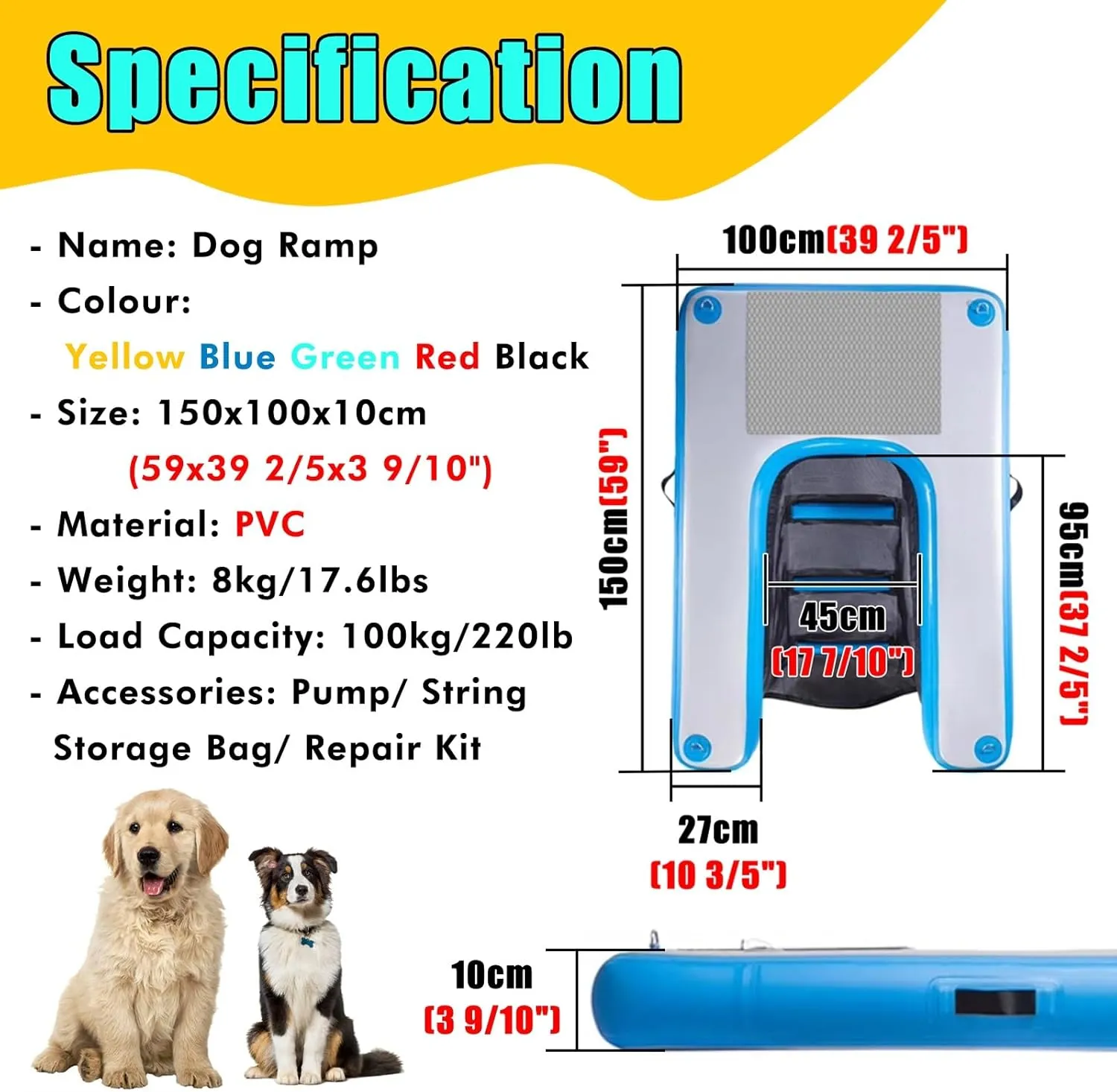 High Visibility Dog Pool Ramp Above Ground Pool, Inflatable Dog Boat Ramp Ladder for Pontoon Boat/Beaches/Lake/Dock, Portable PVC Floating Dog Water Ramp with Steps Pump Handbag(Red)