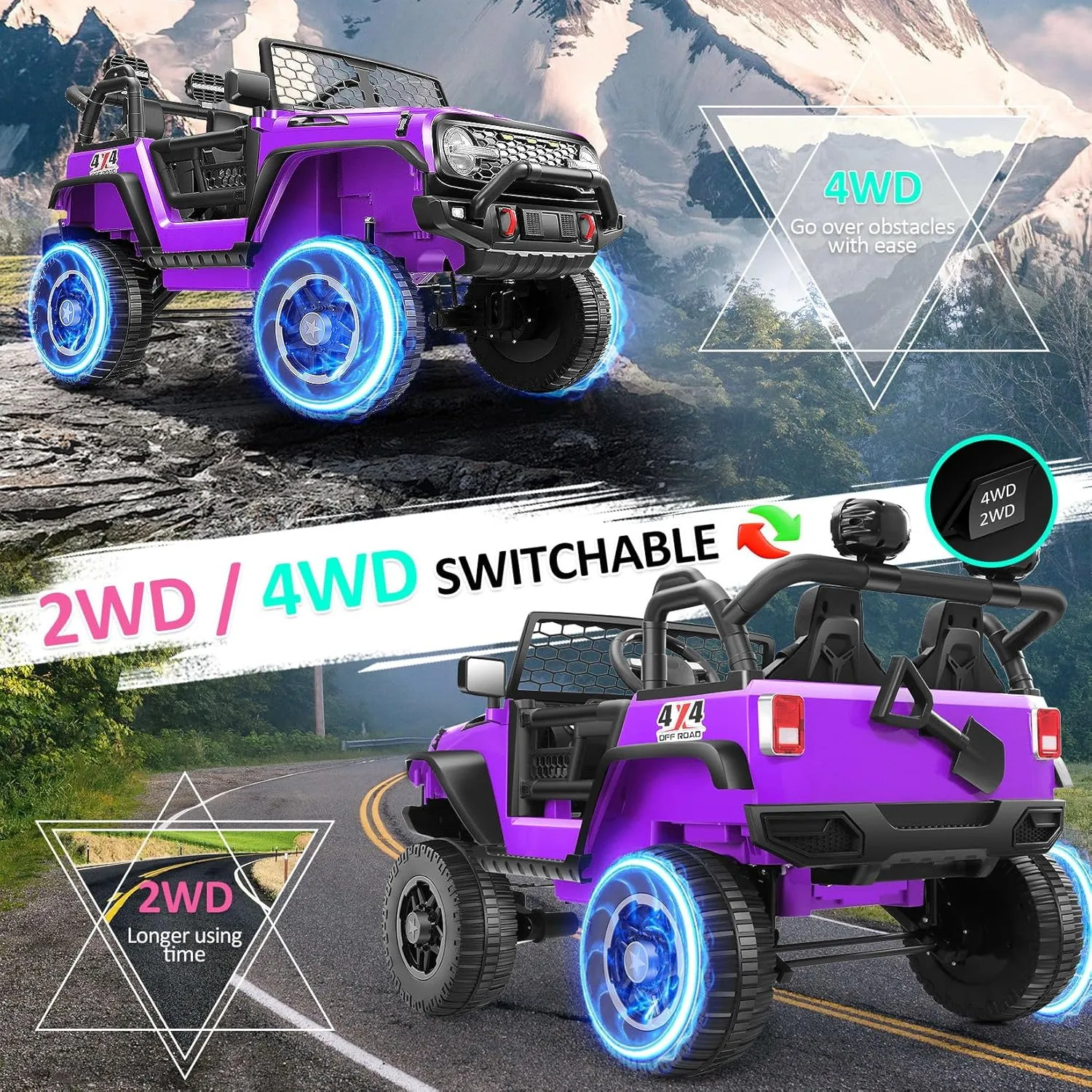 Hikole 2 Seater Battery Powered Cars for Kids, 4x100W Powerful Motor Electric Vehicles w/Remote Control, Multi-Functions Dashboard, Music & Shovel, Kids Cars to Drive 24v for Boys Girls, Purple
