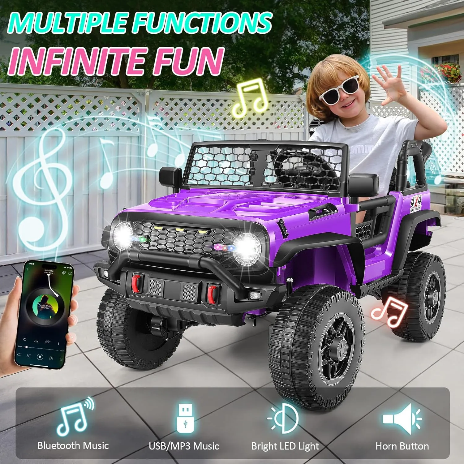 Hikole 2 Seater Battery Powered Cars for Kids, 4x100W Powerful Motor Electric Vehicles w/Remote Control, Multi-Functions Dashboard, Music & Shovel, Kids Cars to Drive 24v for Boys Girls, Purple