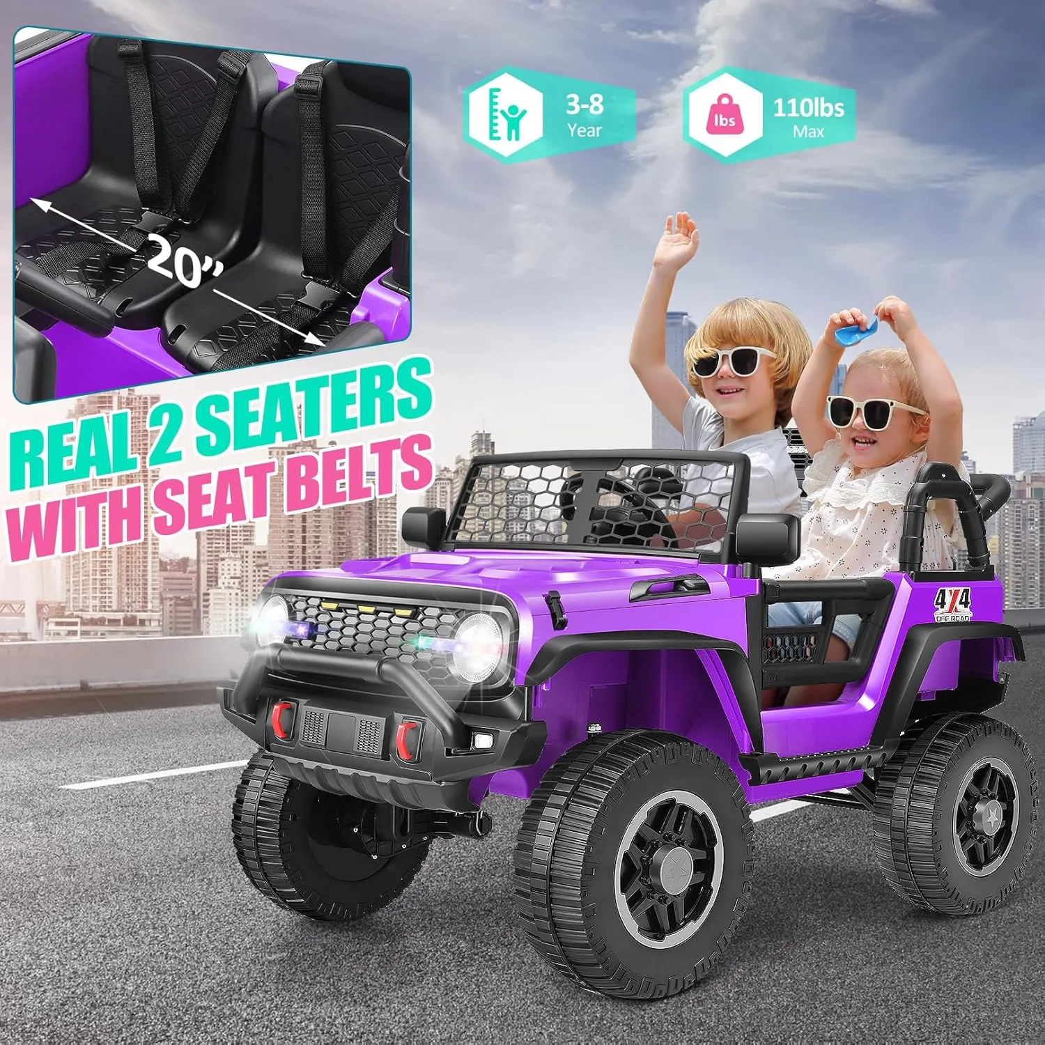 Hikole 2 Seater Battery Powered Cars for Kids, 4x100W Powerful Motor Electric Vehicles w/Remote Control, Multi-Functions Dashboard, Music & Shovel, Kids Cars to Drive 24v for Boys Girls, Purple