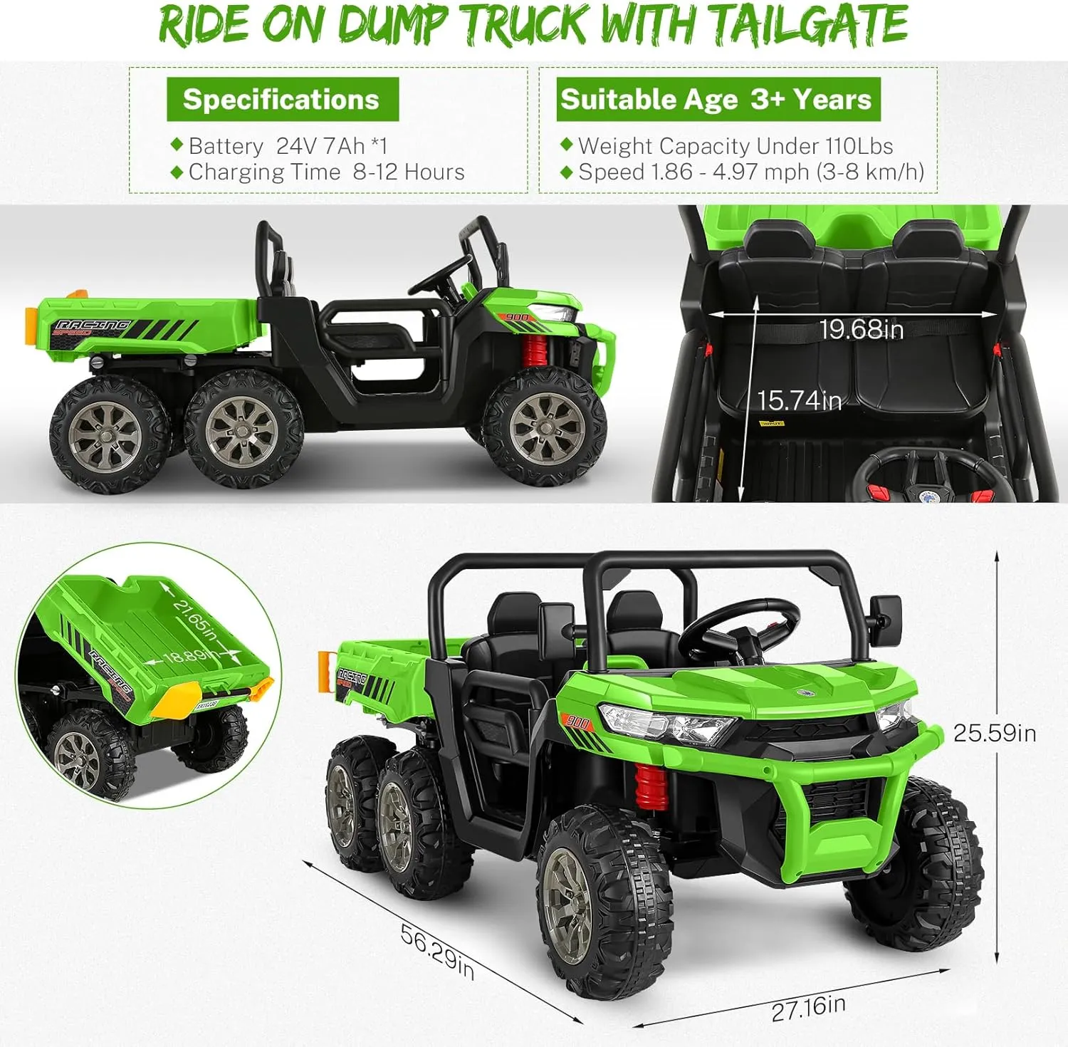 Hikole 24V Kids Electric Ride On Car, 2-Seater UTV for Big Kids w/Remote Control, Dump Bed, 6 Wheeler 24 Volt Battery Powered Cars with Spring Suspension, 4WD, 5 MPH, Music-Gift for Boys&Girls Age 4-8
