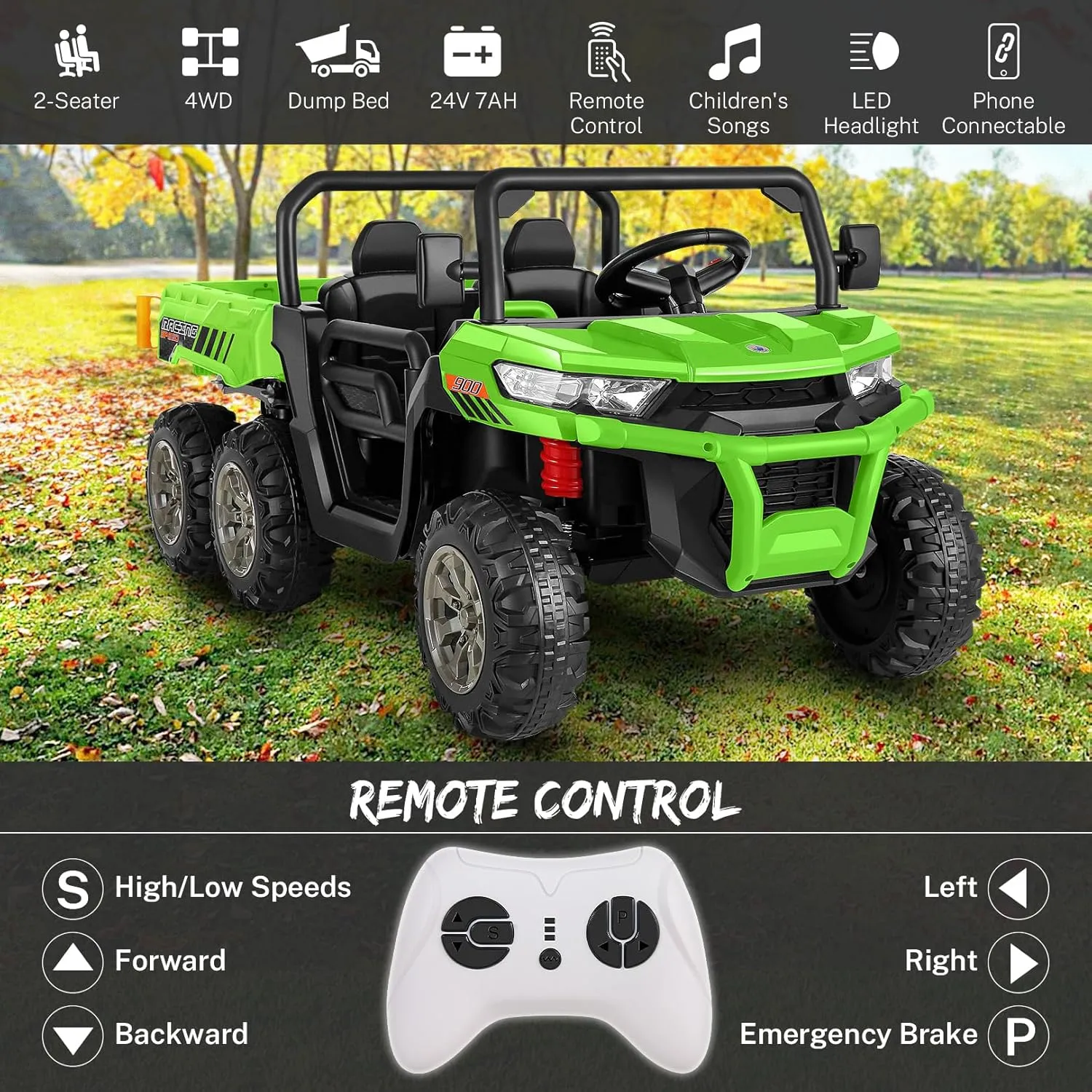 Hikole 24V Kids Electric Ride On Car, 2-Seater UTV for Big Kids w/Remote Control, Dump Bed, 6 Wheeler 24 Volt Battery Powered Cars with Spring Suspension, 4WD, 5 MPH, Music-Gift for Boys&Girls Age 4-8