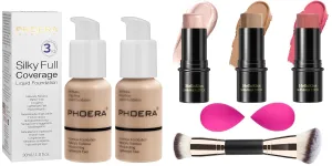 Hilareco PHOERA Foundation, PHOERA Matte Liquid Foundation, 3 Pcs Cream Contour Stick Makeup Kit, Beige