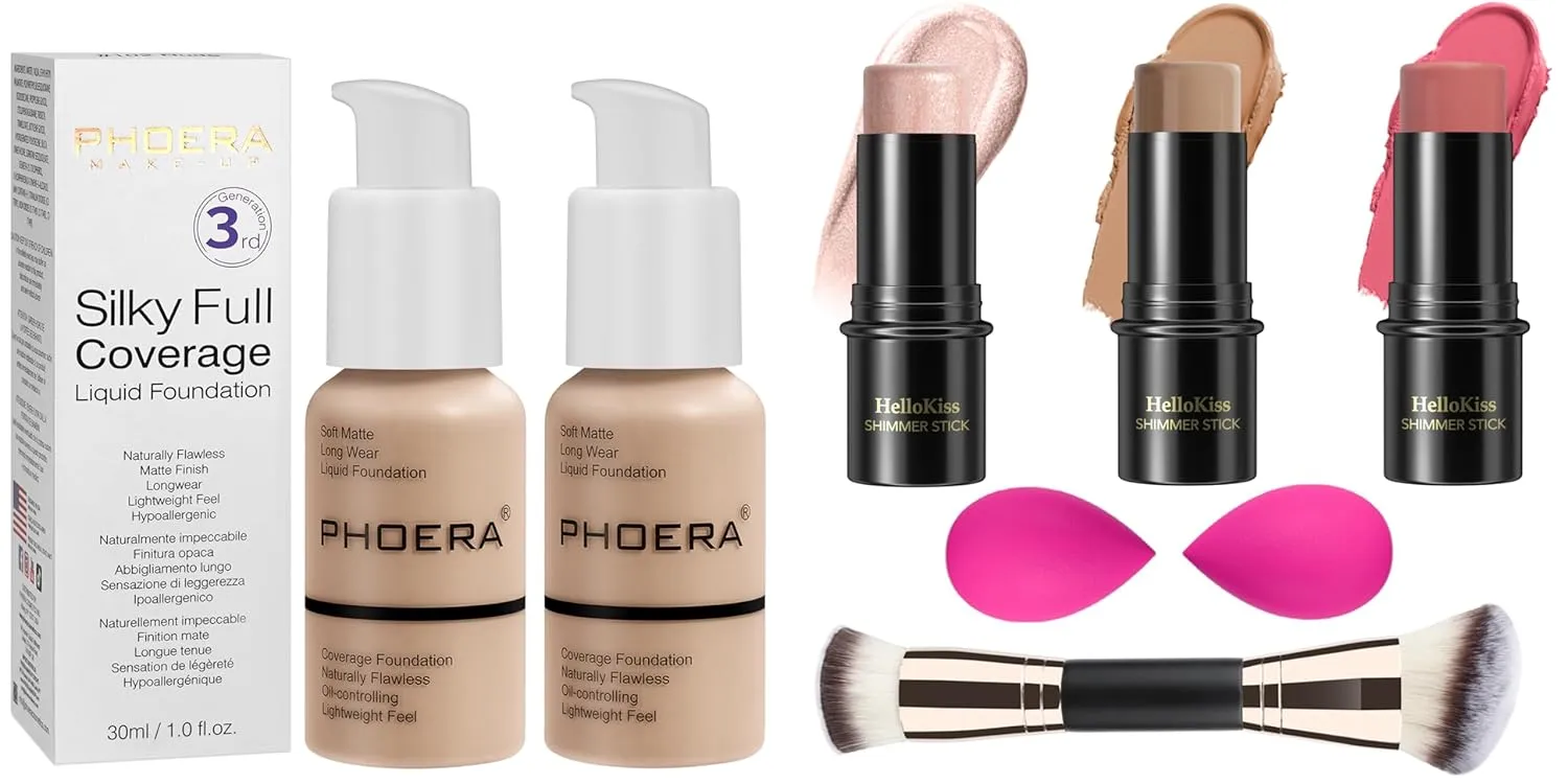 Hilareco PHOERA Foundation, PHOERA Matte Liquid Foundation, 3 Pcs Cream Contour Stick Makeup Kit, Beige