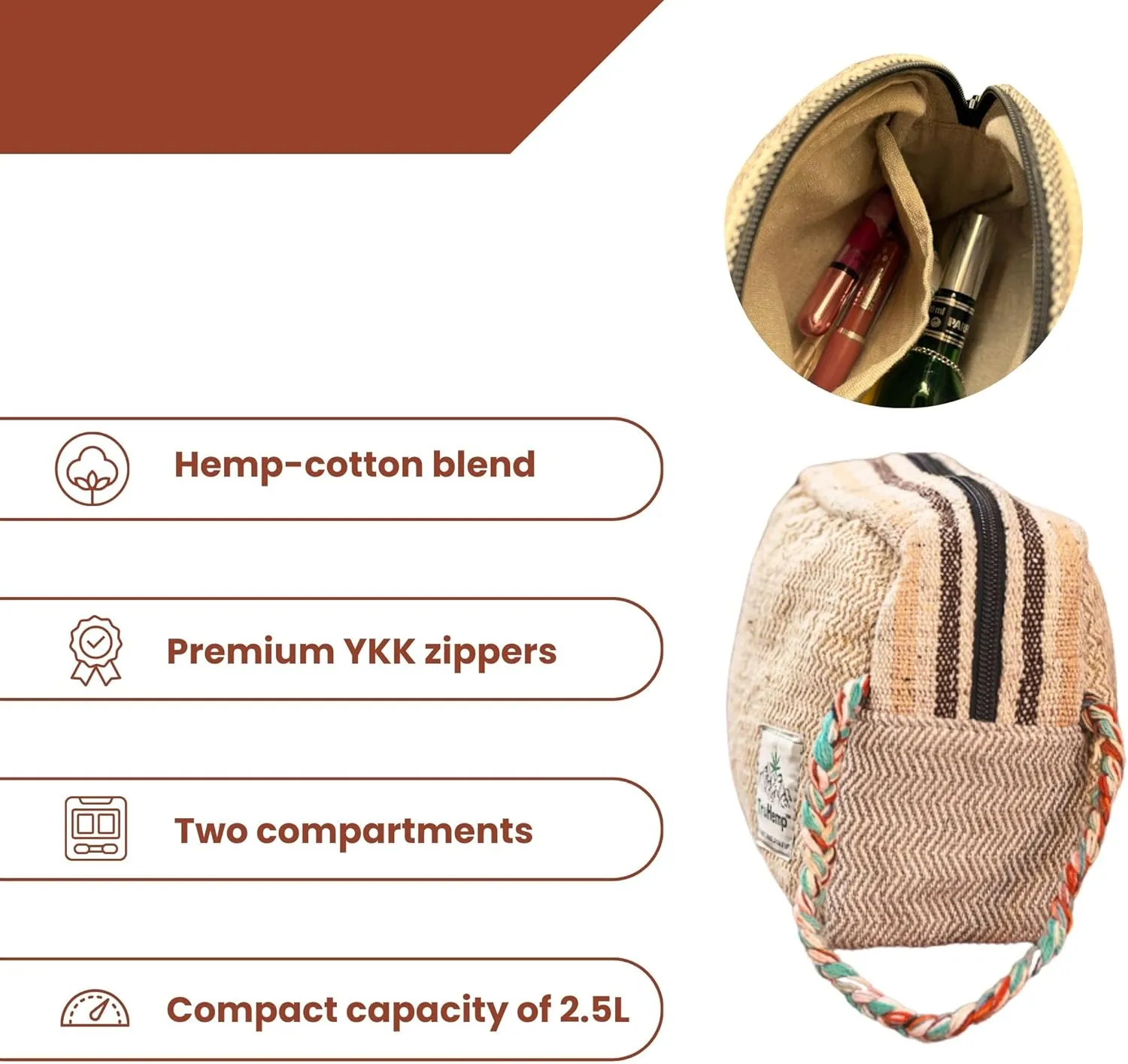 Himalayan Hemp Toiletry Kit – Natural Hemp Travel Pouch with Spacious Storage, Dual Zipper Compartments, Soft Cotton Lining