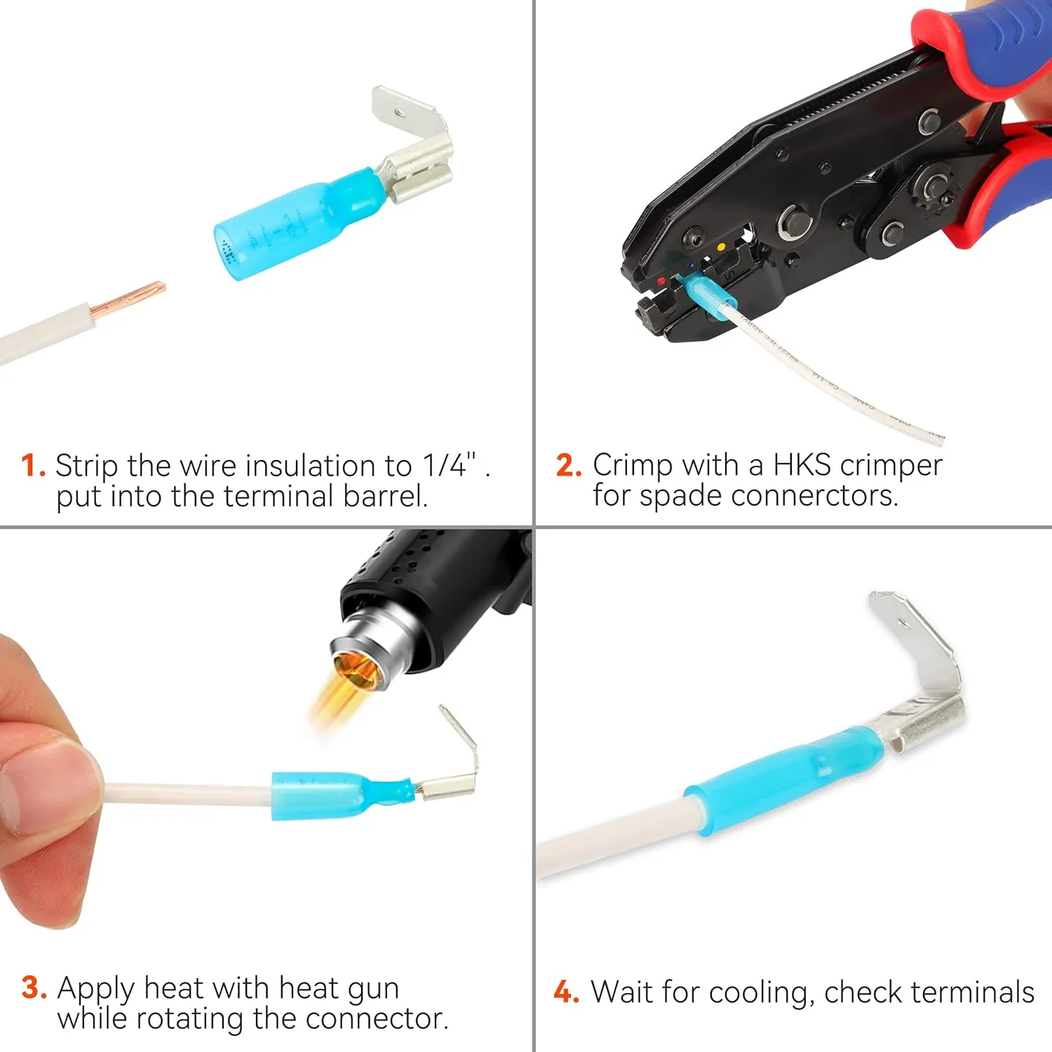 HKS 200PCS AWG 22-10 Piggyback Spade Connector Kit - Heat Shrink Electrical Quick Disconnect Wire Connectors Kit - Tinned Copper - Automotive Marine Crimp Terminal - Waterproof and Insulated