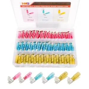 HKS 200PCS AWG 22-10 Piggyback Spade Connector Kit - Heat Shrink Electrical Quick Disconnect Wire Connectors Kit - Tinned Copper - Automotive Marine Crimp Terminal - Waterproof and Insulated
