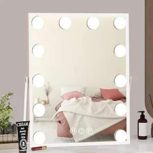 Hollywood Vanity Mirror with Lights, 10" x 12" Portable Travel Mirror with 12 LED Lights Bulbs, Lighted Makeup Mirror with 3 Color Lighting Modes, Desk Mirror for Bedroom, Touch Control, White
