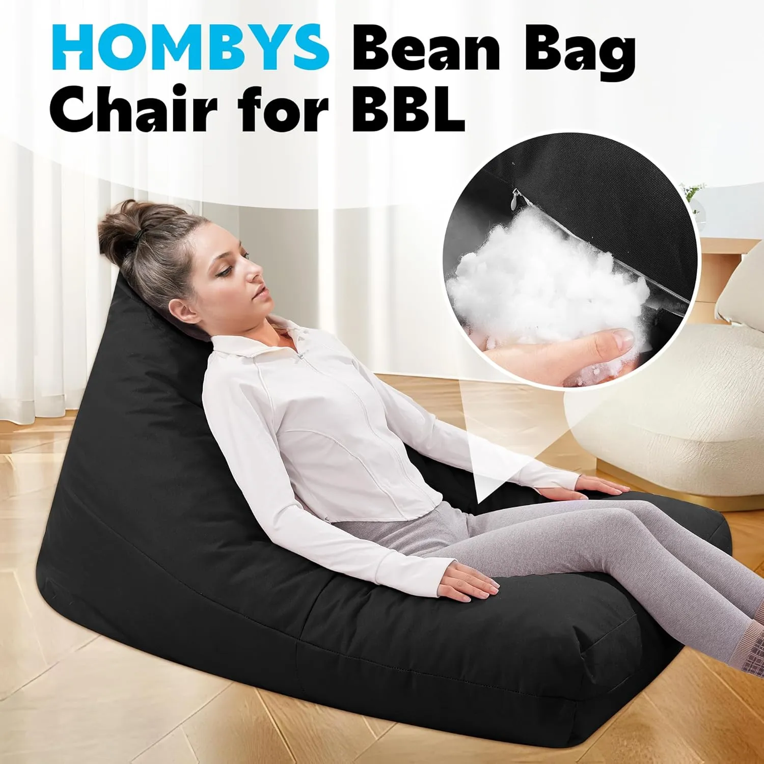 HOMBYS BBL Chair with Hole,Brazilian Butt Lift Pillow,BBL Bean Bag Chair with Filling,Stuffed Floor Sofa Couch for BBL Surgery,Shredded Foam Filling,Couch Sofa for BBL Sitting Sleeping,Black