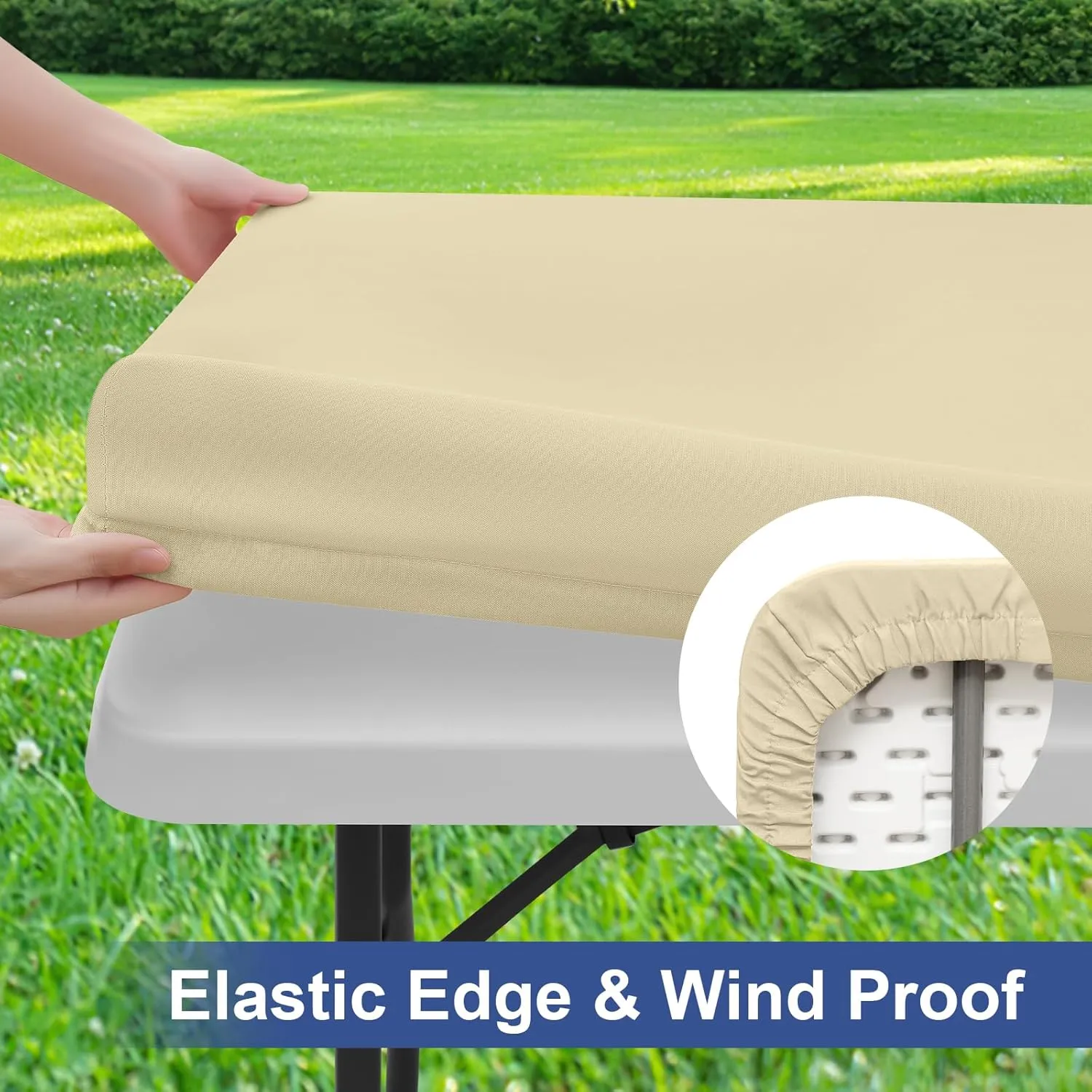 homing 2 Pack Rectangle Table Cloth, Elastic Fitted Fabric Tablecloth Fits for 8 Foot Folding Tables, Washable Table Cover for Picnic, Camping, Indoor & Outdoor (Champagne, 30" x 96")