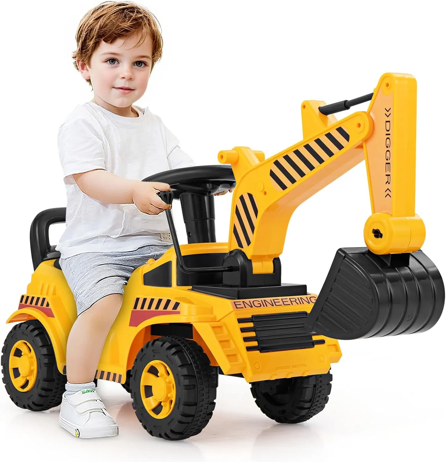 HONEY JOY Ride On Excavator, Ride On Push Car for Toddlers, Outdoor Digging Scooper w/Working Shovel, Storage, Ride on Construction Vehicle for Kids, No Power Ride On Toy for Boys Girls, Yellow