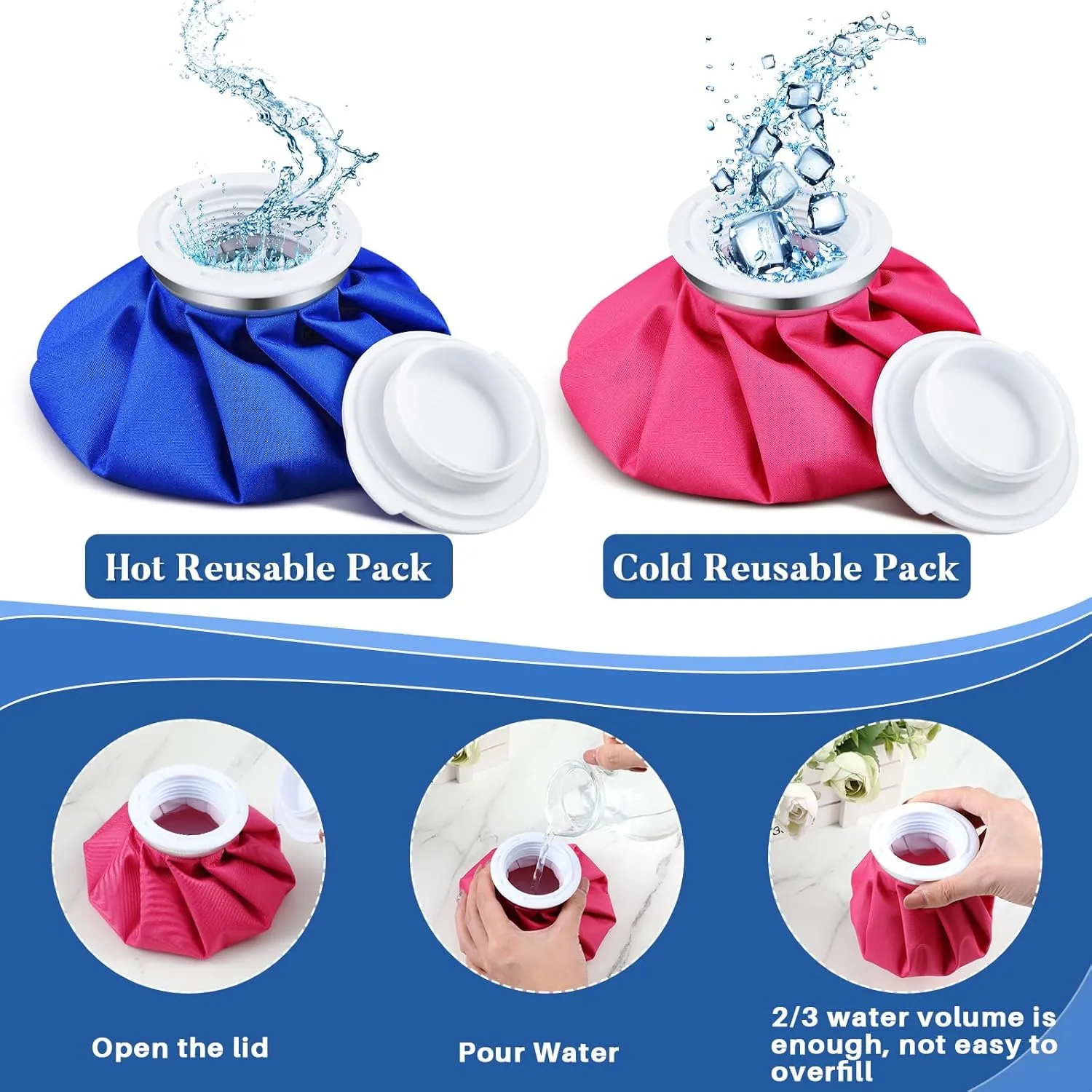 Honoson 4 Pack Reusable Ice Pack and Hot Water Bag for Adults, Cold and Hot Use for Injuries, Pain Relief, Wisdom Teeth, Breastfeeding, Tired Eyes, 5.5 Inches(Classic Pure Style)